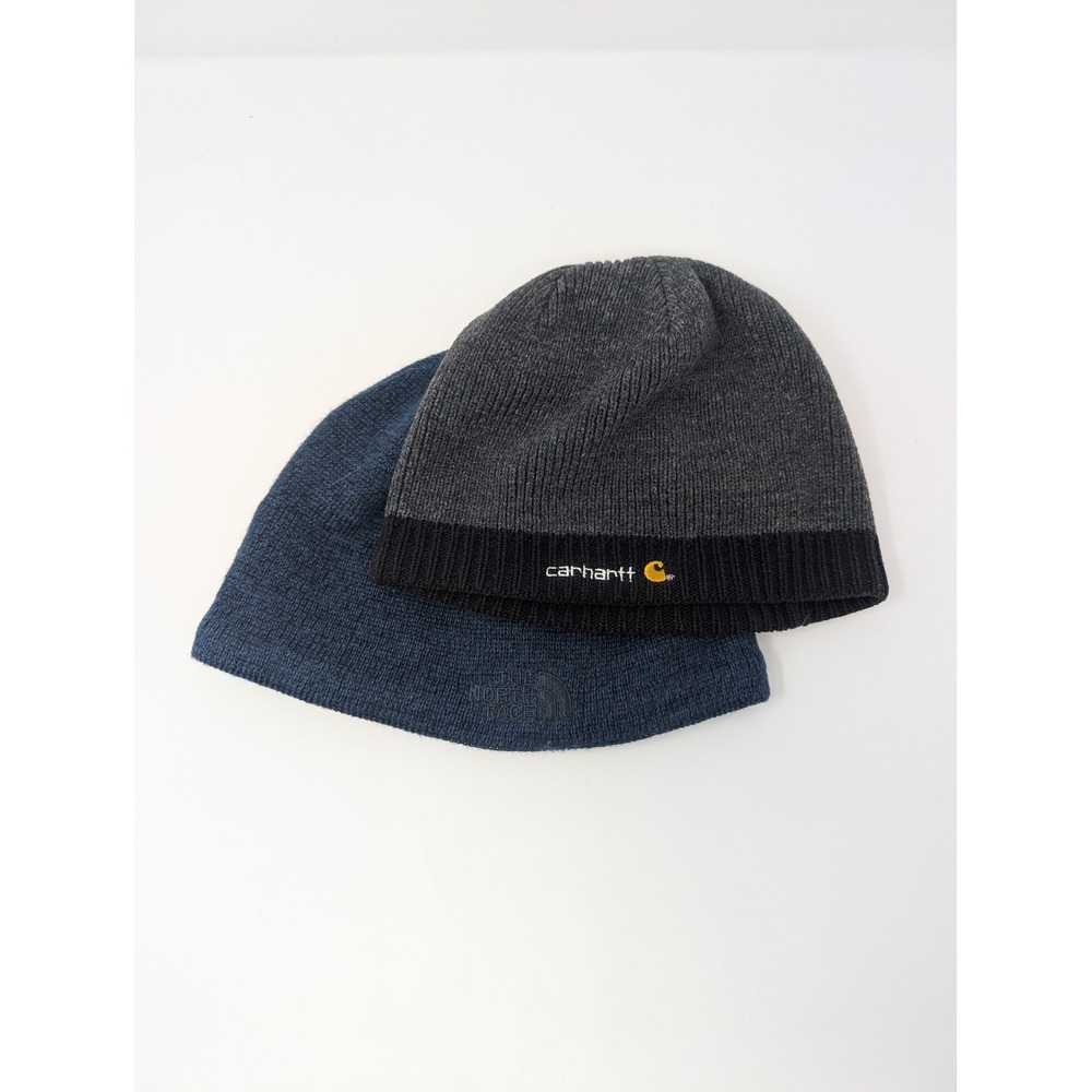Northface Navy Fleece Lined Beanie + Carhartt Reversible Knit Hat Bundle‎ OS